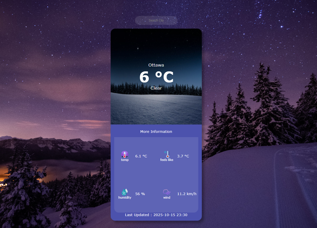 Web interface of a modern Angular weather app